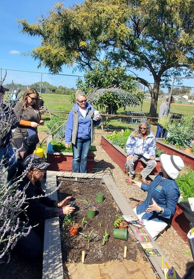 Women teachers standing around garden bed learning how to plant by Master Gardener trainer kneeling down